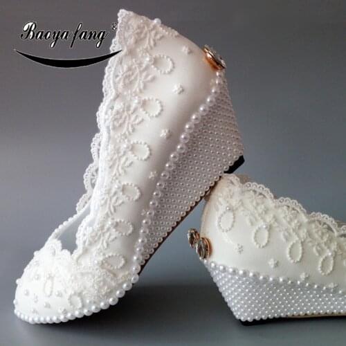 BaoYaFang New Womens wedding shoes Wedges Pearl White Lace wedding shoes for woman 5cm heel Ladies party dress shoe