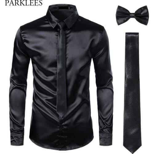 Black Mens Silk Dress Shirts 3Pcs(Shirt +Tie+Bowtie) Smooth Satin Shirt Men Slim Fit Party Prom Casual Shirts Men Social Camisa