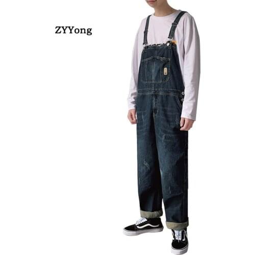 Men Denim Jumpsuit Bib Loose Straight Jeans Hip Hop Freight Cargo Pants Overalls Streetwear Youth Leisure Blue Rompers Trousers