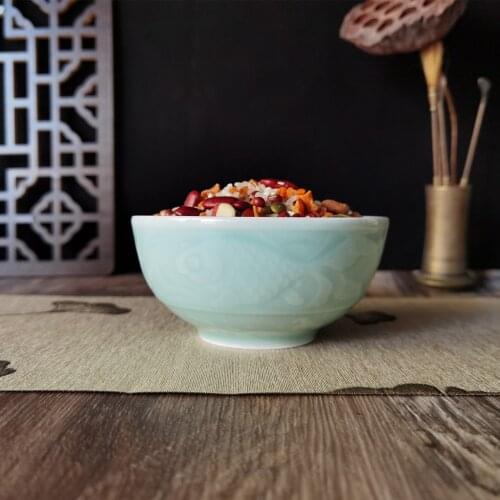Chinese Rice Bowl 8oz 4.5 inch Celadons Cereal Bowl Porcelain Engraved Koi Fish Ceramic Dinnerware Microwave and Dishwasher Safe