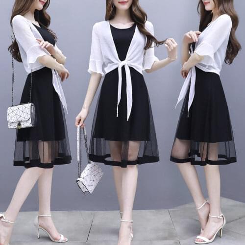 Two Piece Suit Womens Temperament Chiffon Sunscreen Shirt Tops And Vest Dress Fashion Mesh Hollow Casual Summer Outfits zh1057