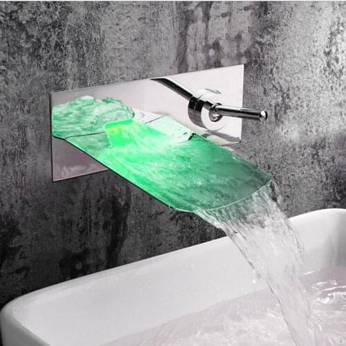 Copper single hole sink basin faucet wall mounted,Brass LED light basin faucet hot and cold,Bathroom wash basin faucet waterfall