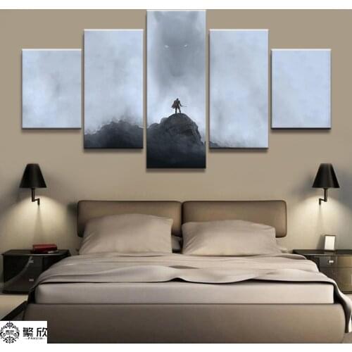 Home Decor Modular Canvas Picture 5 Piece Elder Scrolls V Skyrim Game Painting Poster Wall For Home Canvas Painting Wholesale
