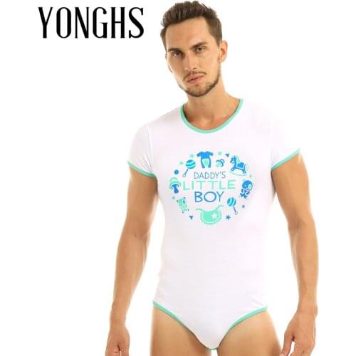 Mens Lingerie Sexy Romper Pajamas for Adult Babies Diaper Lovers Round Neck Press Button Crotch Front Printed Cosplayer Bodysuit