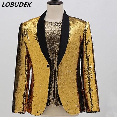 Men Shawl Collar Gold Sequins Blazers Slim Suit Jackets Stage Casual Coat Evening Performance Concert Singer Host Blazer Costume