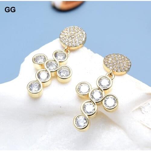 GG Jewelry Natural Clear Crystal Cross Gold Color Plated CZ Pave Dangle Stud Earrings For Women Lady Fashion Jewelry