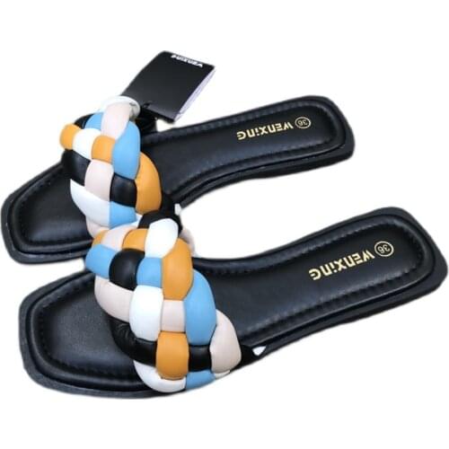 PU Leather Rainbow Knitted Womens Summer Slippers 2021 Peep Toe Ladies Flat Flip Flops Slides Plus Size Casual Female Shoes 41