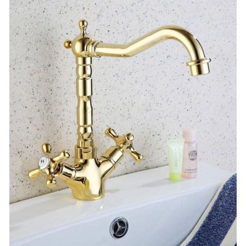 Kitchen Wet Bar Bathroom Vessel Sink Faucet Polished Gold Color Brass Dual Handles Swivel Spout Mixer Tap Single Hole msf096