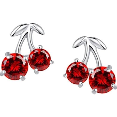 Cherry Childrens Earrings Red Crystal Jewelry White Gold Filled Cute Stud Earrings for Kids Baby Girls Birthday/Xmas Gift