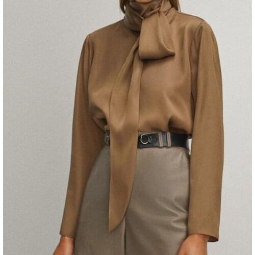 Women Shirt 2020 Autumn New Knotted Plain Neckline Shirt Long Sleeve Top