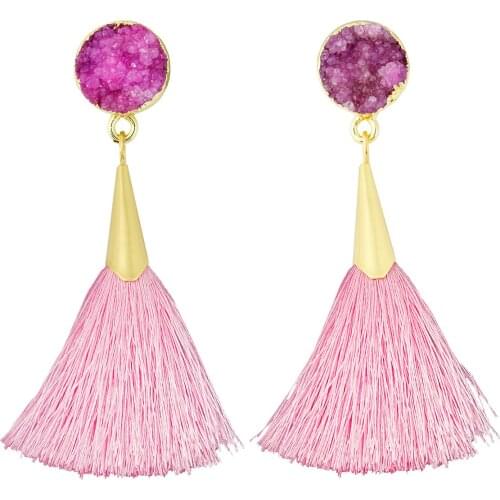 Pink Crystal Long Tassel Dangle Earring Healing Reiki Bohemia Style Drop Earring Women Jewelry Sweet Girls Gift