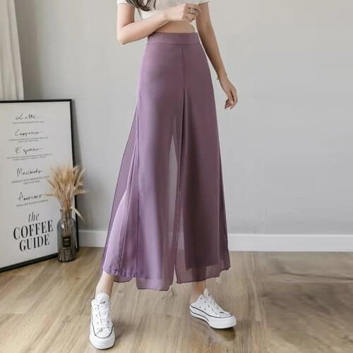High Quality Chifffon Wide Leg Pants Women 2021 New High Waist Ankle-Length Pants Summer Casual Fake Two Piece Pants Skirt
