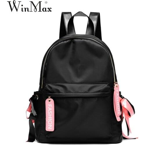 Spring New Ribbon Girls Canvas Backpack Teenagers Letters Print Black Pack Women Pink Flap Backpack Solid Feminine Packbags