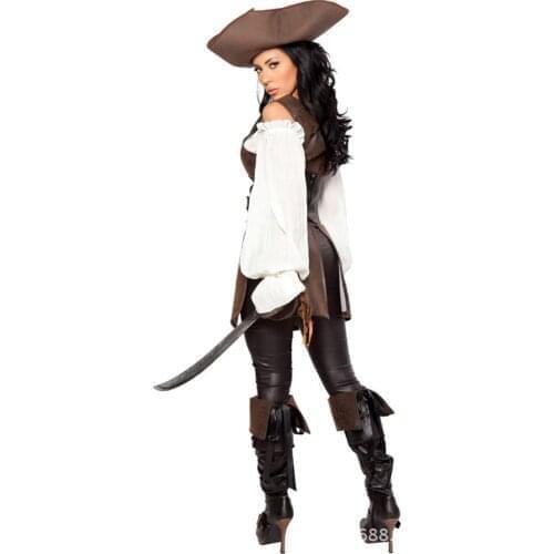 Caribbean Pirate Women Pirate Cosplay Costumes Patent Leather Vintage Top Vest Pants Hat Belt 5Pcs Set Captain Halloween Cos Set