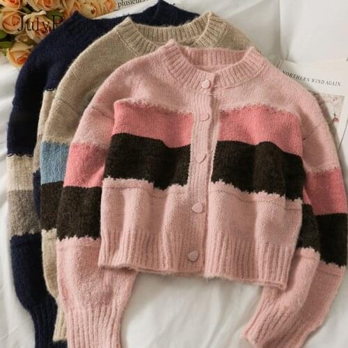 JulyPalette 2021 New Full Sleeve Single-breasted Knitted Sweater for Women Autumn Winter Fashion Short Splice Cardigan Sweater