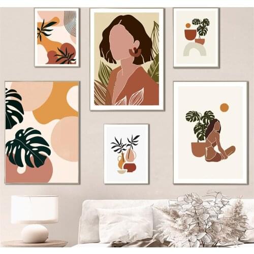 Abstract Girl Monstera Vintage Minimalist Nordic Posters And Prints Wall Art Canvas Painting Wall Pictures For Living Room Decor