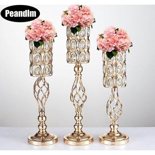 PEANDIM PEANDIM 10PCS/LOT Crystal Gold Candle Holders Party Road Lead Table Candelabra Stand Wedding Pillar Candlestick Flowers