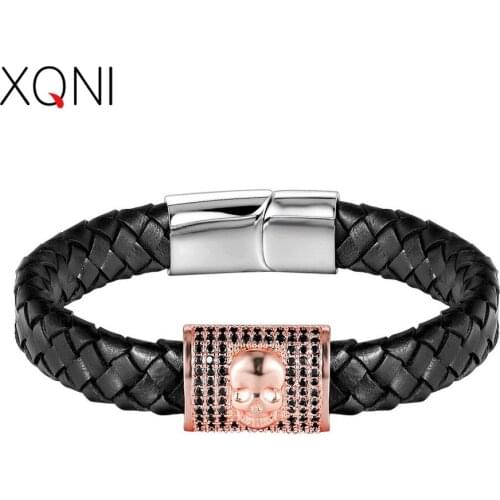 XQNI Square Pattern Micro Pave Cubic Zircon Genuine Leather Bracelet For Men Skeleton pulseira masculina New Year Christmas Gift