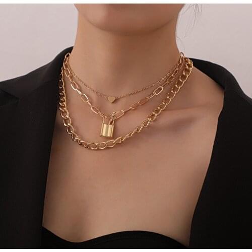 Heart Lock-shaped Pendant Chain Necklace for Women Three-layer Fashion Lightweight Aluminum Chain Multi-layer Choker Necklace