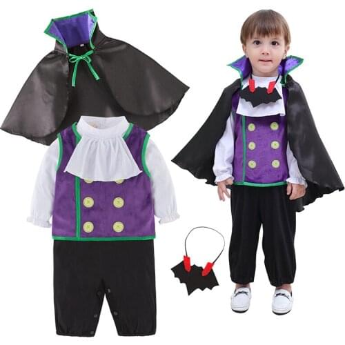 Halloween Kids Prince Vampire Cosplay Costumes Cute Jumpsuit+Cape+Vest+Neck Piece for Boys Children Masquerade Party Suit