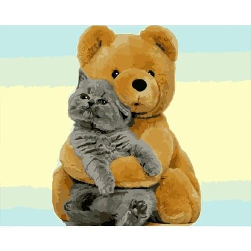 DIY Painting By Numbers bear and cat illustration Canvas Oil Painting Paints By Number Kit Home Living room Decoration