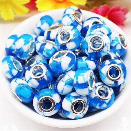 10Pcs Handmade Blue White Milk Color Fimo Clay Large Hole European Spacer Beads Fit Slide Charms Pandora Bracelet Bangle Jewelry