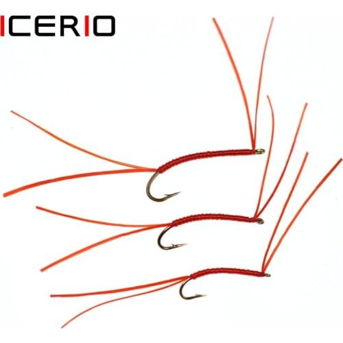 ICERIO 10PCS Flexi Legs Bloodworm Trout Fly Curved Tying Hook Trout Fishing Fly Lure Baits
