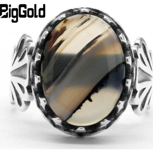 Turkish 925 Sterling Silver Men Stone Ring Prong Setting Natural Onyx Thai Silver Ring for Male Women Vintage Jewelry