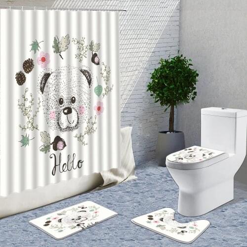 Anime Shower Curtain Set Cute Little White Bear Bath Curtain Set Non-Slip Carpet Set Toilet Lid Cover Bathroom Things For Home