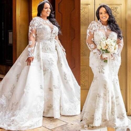 Beautiful Plus Size African Mermaid Lace Wedding Dresses With Detachable Skirt Long Sleeve Country Vestido de novia Bride Dress