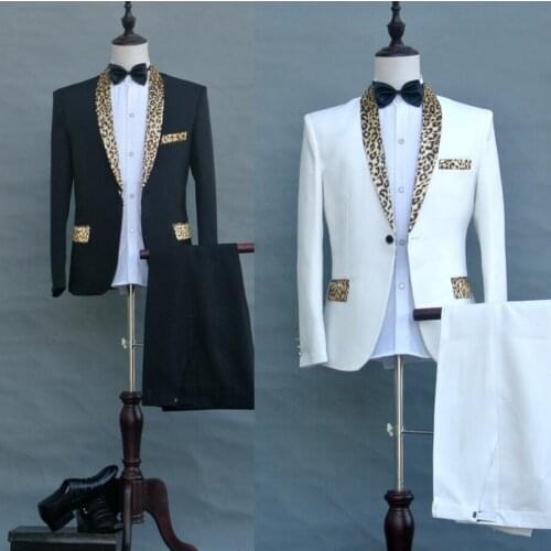 Jacket + Pants Men New Host Stage Singer Costumes Leopard Green Shawl Collar Suits Male Stage Performance Wedding Formal Dress
