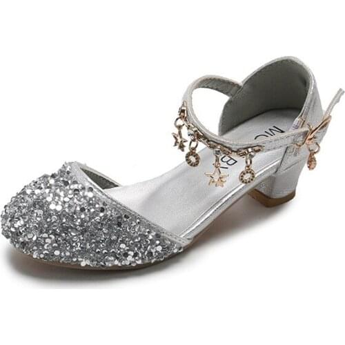 2021 New Sandals High-heeled Buckle Crystal Shoes Toes-capped Fashion Girls Princess Shoes for Party Sequined Sweet Hot In Kids