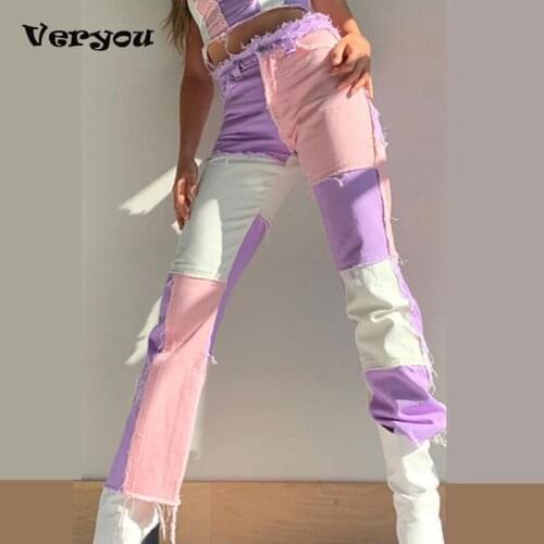Autumn High Street Variegated Patchwork Jeans Women High Waist Zipper Skinny Sexy Beauty Straight Denim Pants Ladies Trousers