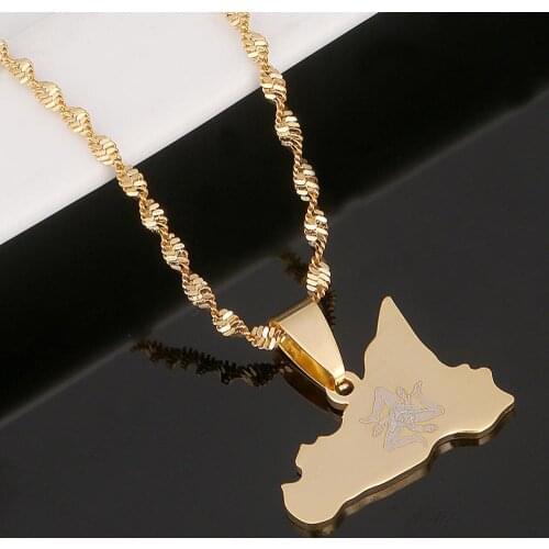 Stainless Steel Sicily Map Pendant Necklaces Gold Color Italian Sicilia Chain Jewelry