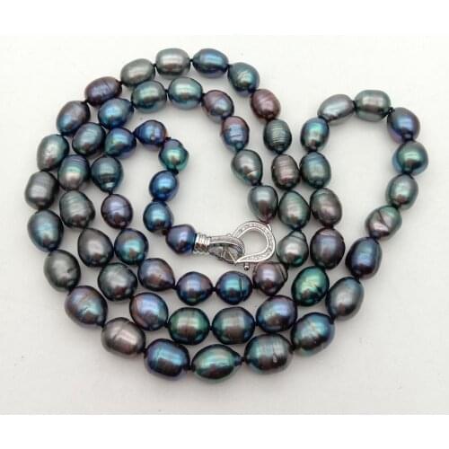 9*12mm natural Freshwater cultured Black Rice Pearl Long Necklace cz pave clasp For office Style Women Party gift