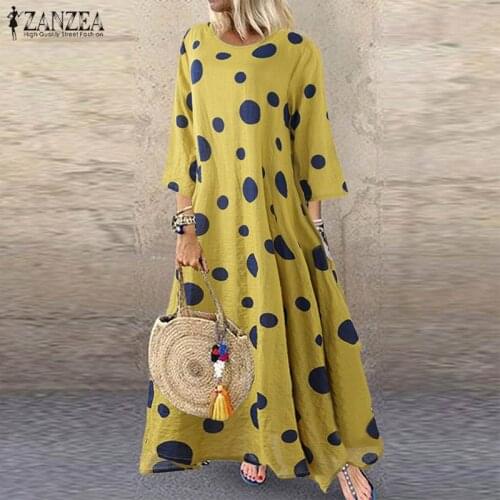 ZANZEA Vintage Autumn 3/4 Sleeve Polka Dot Maxi Long Dress Women Cotton Linen Vestido Baggy Sundress Robe Femme Party Dresses