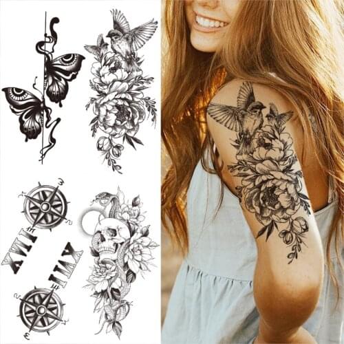 Birds Peony Flower Temporary Tattoos For Women Men Butterfly Compass Skull Fake Tattoo Mamba Snake Forearm Thigh Washable Tatoos