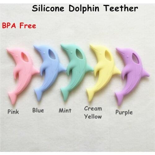 Chenkai 10PCS BPA Free Silicone Dolphin Teether Baby Shower Pacifier Dummy Pendant Nursing Jewelry DIY Sensory Toy Candy Color