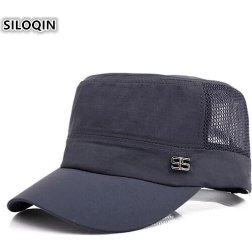 SILOQIN Summer Breathable Flat Top Hat Mens Mesh Ventilation Military Hats Adjustable Size Simple Fashion Brands Male Cap Adult