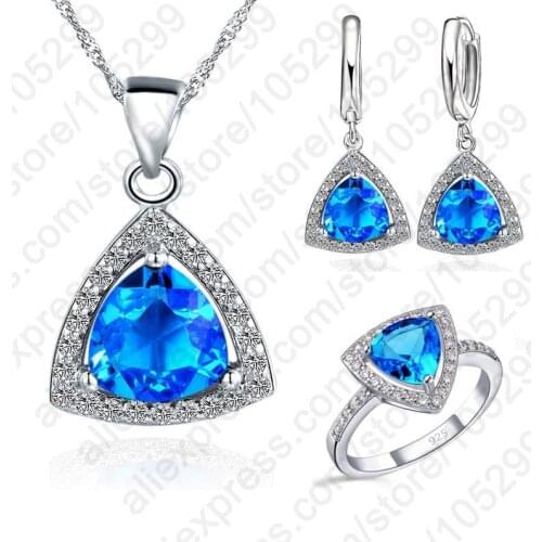 Blue Jewelry Sets Fat Triangle Cubic Zirconia Stone 925 Sterling Silver Earrings Pendant Necklaces Finger Rings US6-9
