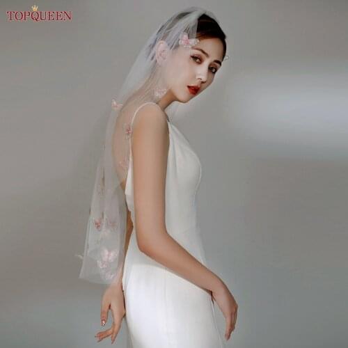 TOPQUEEN V24 Bridal Veil with 3D Butterfly-Flower for Women Marriage New Arrival Pink Color Wedding Veil for Bachelorette Party
