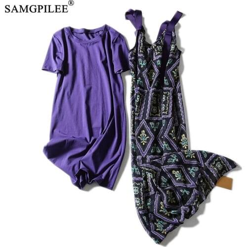 Tops Women 2021 New Short Sleeve Casual Sets For Womens O-neck Mid-calf Long Chiffon Dresses Print Woman Summer Dress Suit