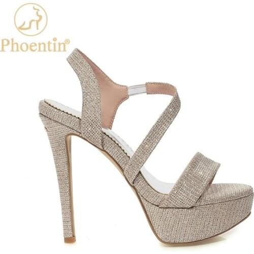 Phoentin gold sandals women platform super high thin heels new cross strap Sequined cloth glitter shoes women elastic band FT954