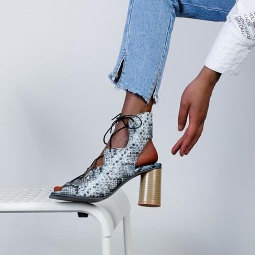 Women Lace Up Wood Grain Round Heels Shoes Ankle Booties Summer Boots Back Botas Mujer Brand Design Botines Female Size 32-48