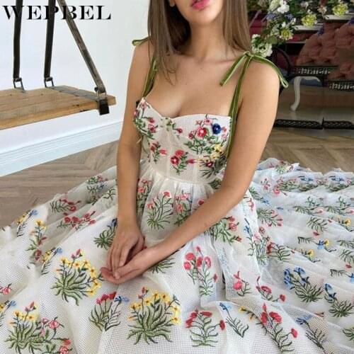WEPBEL Womens Elegant Floral Embroidery Chiffon Dress Ladies Sexy Sleeveless Halter High Waist Corset Party Evening Dress