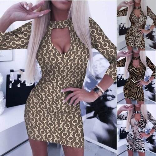 Women Long Sleeve V Neck Bodycon Dress Leopard Animal Print Evening Party Slim Dress Night Club Wear