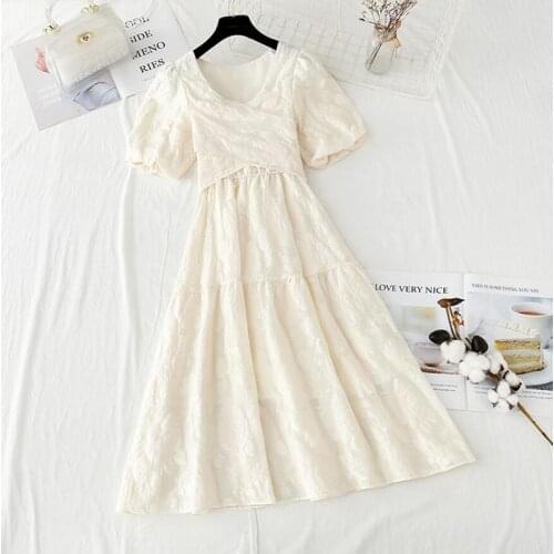 2021 New Summer Women Elegant Holiday Dresses Puff Sleeve Square collar White Fairy Chiffon Dresses Vintage Party Vestidos