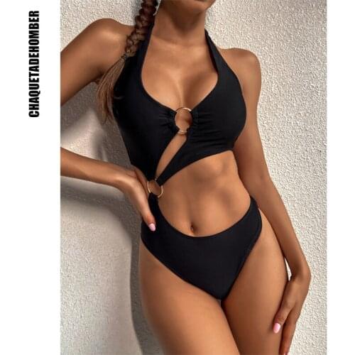 2021 Sexy Hollow One Piece Swimsuit Pure Color Push Up Swimwear Women Bandage Halter Bathing Suit High Waist Monokini Swim Wear