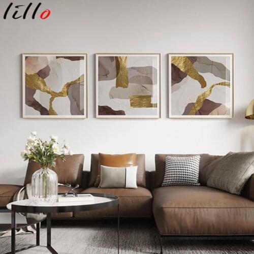 Abstract luxury marble canvas brown canvas frames gold Nordic poster wall art image living room minimalist home decor