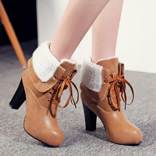 Boots Women High Heel Booties Lace Up Gothic Shoes Fashion Winter Leather Boots Women Solid brown Punk Stiefel